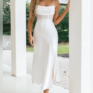 Cowl Neck Lace White Midi Dress